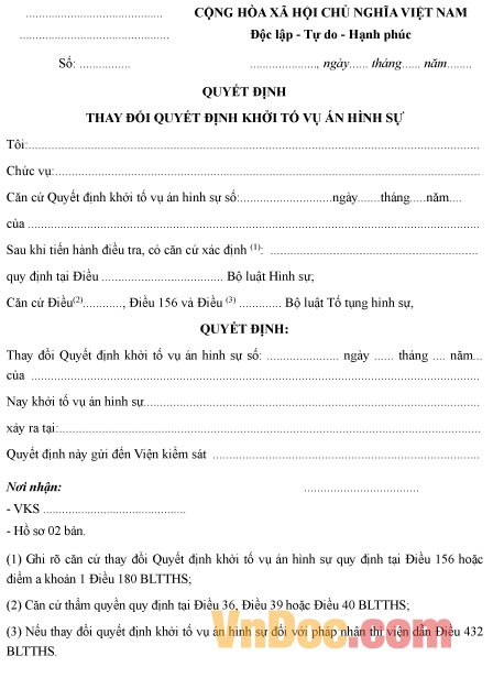 Mẫu quyết định thay đổi quyết định khởi tố vụ án