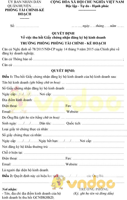 Mẫu quyết định thu hồi giấy chứng nhận đăng ký hộ kinh doanh