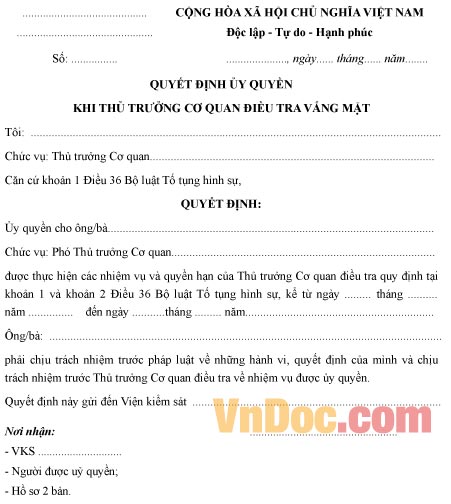 Quyết định ủy quyền khi thủ trưởng cơ quan điều tra vắng mặt