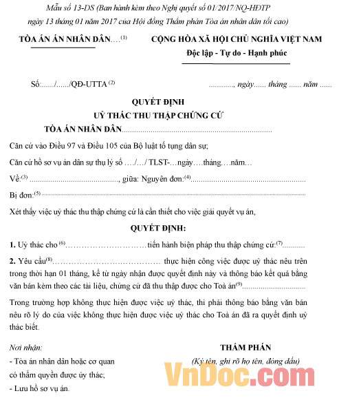 Mẫu số 13-DS: Quyết định ủy thác thu thập chứng cứ
