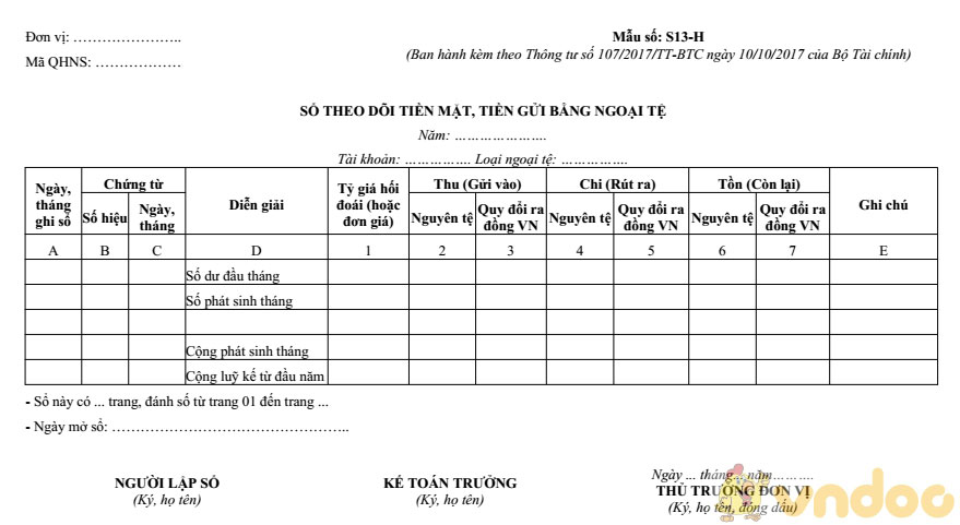Sổ theo dõi tiền mặt, tiền gửi bằng ngoại tệ