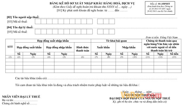 Mẫu số 01-3/ĐNHT - Bảng kê hồ sơ xuất nhập khẩu hàng hóa, dịch vụ