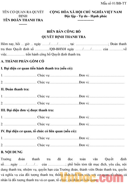 Mẫu số 01/BB-TT: Biên bản công bố quyết định thanh tra BHXH