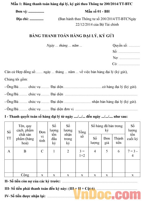 Mẫu số 01-BH: Bảng thanh toán hàng đại lý, ký gửi