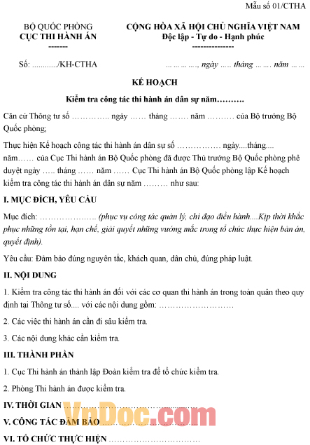 Mẫu kế hoạch kiểm tra công tác thi hành án dân sự