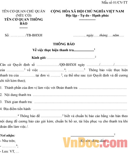 Mẫu số 01/CV-TT: Thông báo về việc thực hiện thanh tra BHXH
