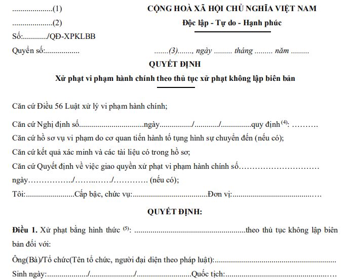 Mẫu số 01/QĐ-XPKLBB