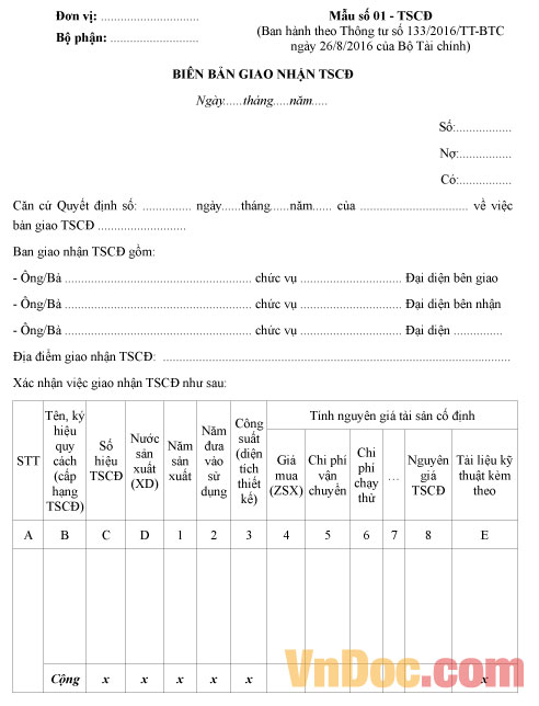 Mẫu biên bản giao nhận tài sản cố định