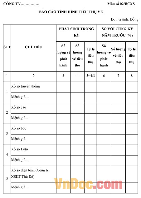 Mẫu số 02/BCXS: Báo cáo tình hình tiêu thụ vé