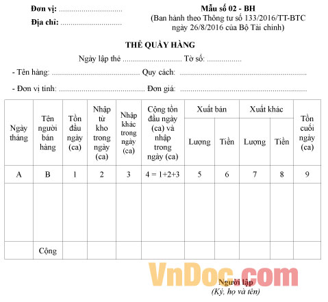 Mẫu số 02-BH: Thẻ quầy hàng
