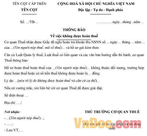 Mẫu thông báo về việc không được hoàn thuế