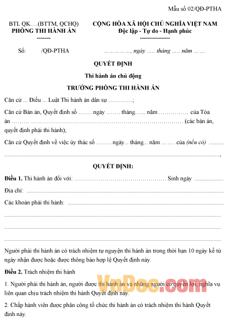 Mẫu quyết định thi hành án chủ động