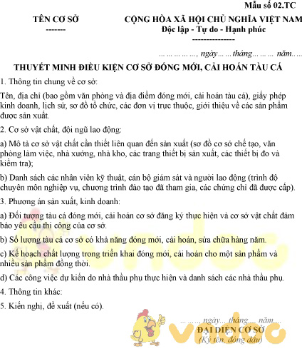 Mẫu số 02.TC: Thuyết minh điều kiện cơ sở đóng mới, cải hoán tàu cá
