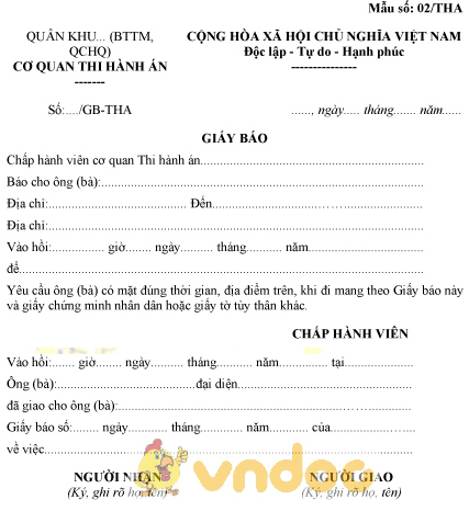 Mẫu số 02/THA: Giấy báo