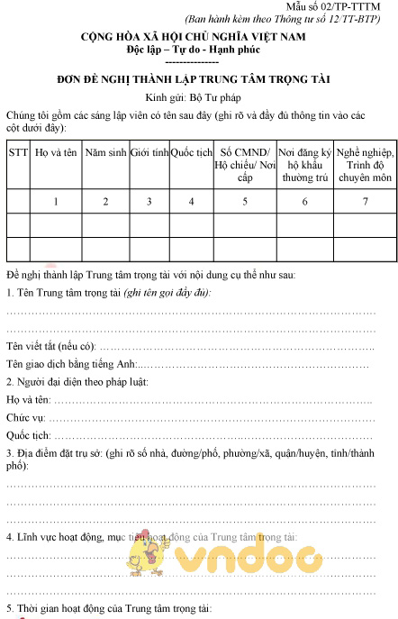 Mẫu số 02/TP-TTTM: Đơn đề nghị thành lập trung tâm trọng tài