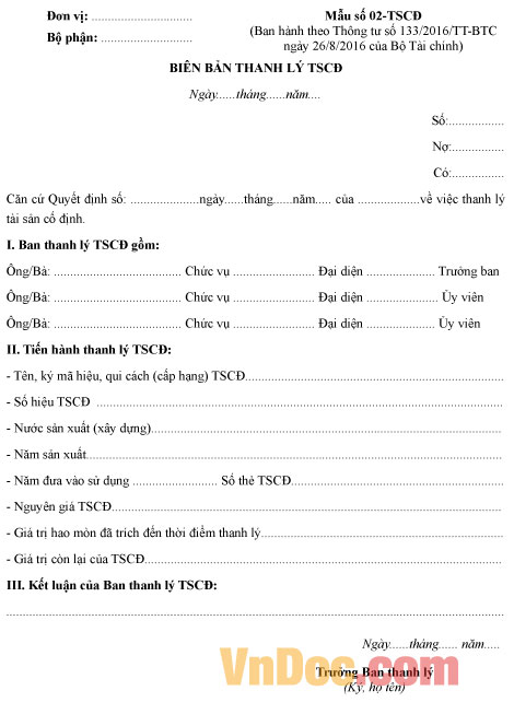 Mẫu số 02-TSCĐ: Biên bản thanh lý tài sản cố định