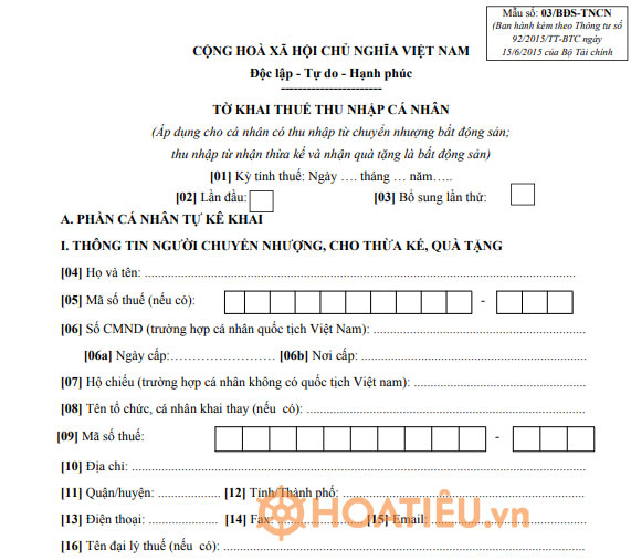 Tờ khai thuế thu nhập cá nhân từ chuyển nhượng bất động sản
