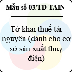 Mẫu số 03/TĐ-TAIN: Tờ khai thuế tài nguyên (dành cho cơ sở sản xuất thủy điện)