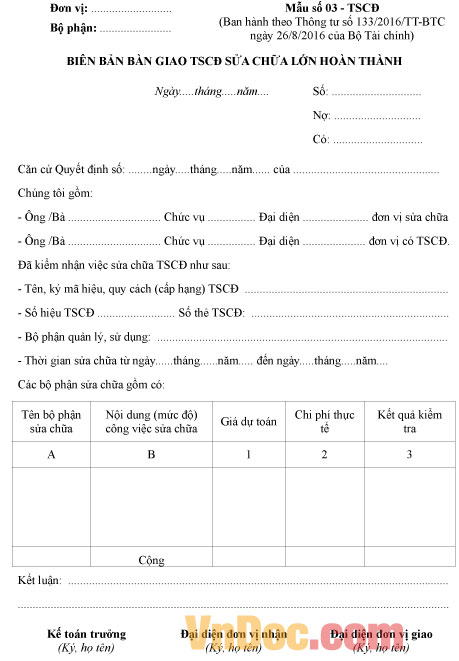 Mẫu số 03-TSCĐ: Biên bản bàn giao tài sản cố định sửa chữa lớn hoàn thành