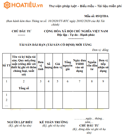 Mẫu số 05/QTDA: Tài sản dài hạn mới tăng