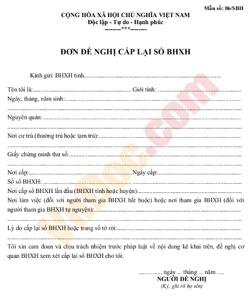 Mẫu số 06/SBH: Đơn đề nghị cấp lại sổ BHXH