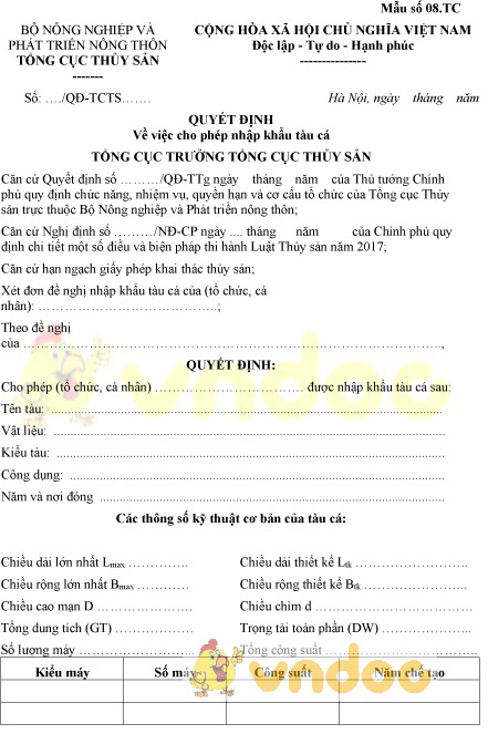 Mẫu số 08.TC: Quyết định cho phép nhập khẩu tàu cá
