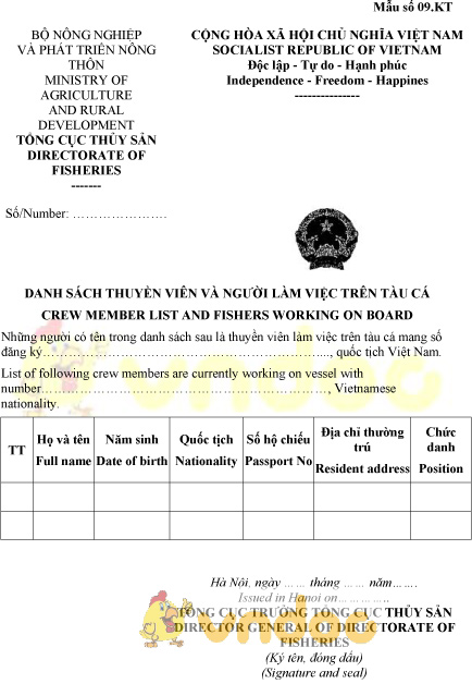 Mẫu số 09.KT: Danh sách thuyền viên và người làm việc trên tàu cá