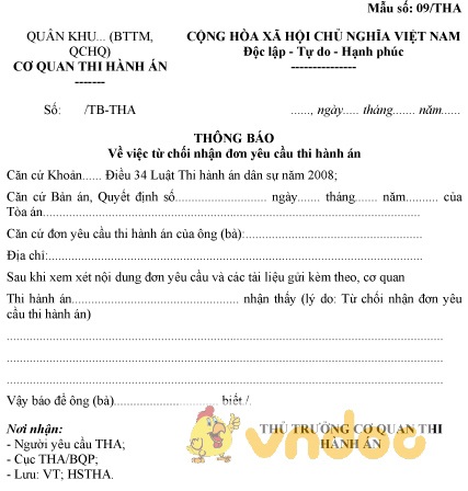 Mẫu số 09/THA: Thông báo từ chối nhận đơn yêu cầu thi hành án
