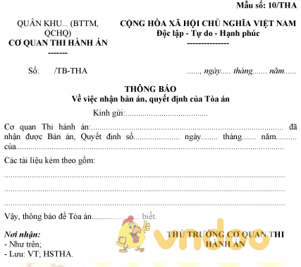 Mẫu số 10/THA: Thông báo nhận bản án, quyết định của tòa án