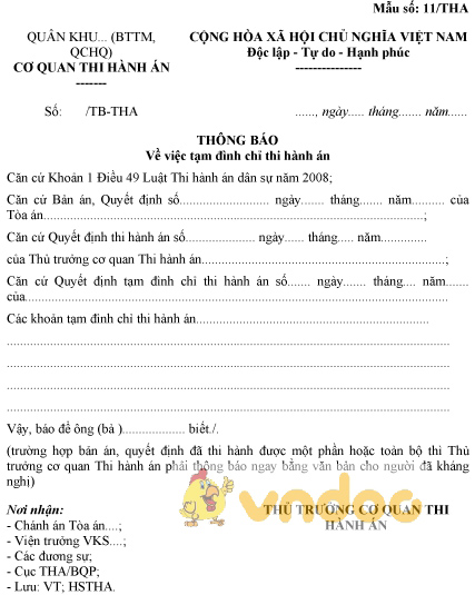 Mẫu số 11/THA: Thông báo tạm đình chỉ thi hành án