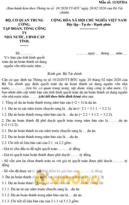 Mẫu số 12/QTDA: Báo cáo tình hình quyết toán dự án hoàn thành sử dụng nguồn vốn nhà nước