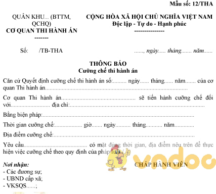 Mẫu số 12/THA: Thông báo cưỡng chế thi hành án