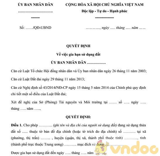 Quyết định về việc gia hạn sử dụng đất