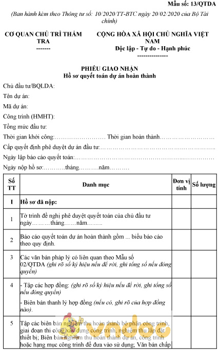 Mẫu số 13/QTDA: Phiếu giao nhận hồ sơ quyết toán dự án hoàn thành