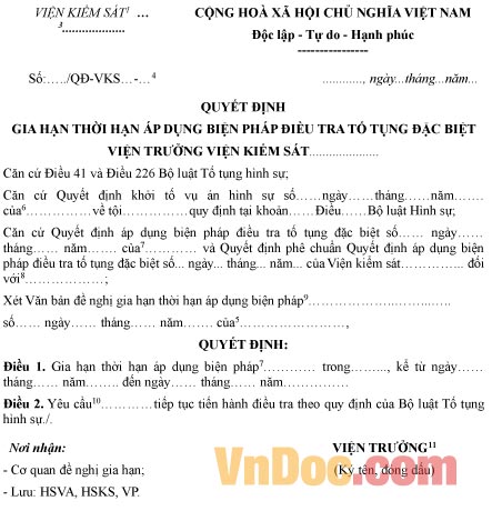 Mẫu quyết định gia hạn thời hạn áp dụng biện pháp điều tra tố tụng đặc biệt