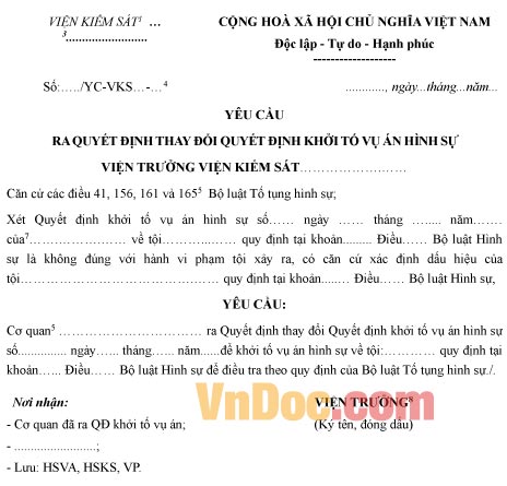 Mẫu yêu cầu ra quyết định thay đổi quyết định khởi tố vụ án hình sự