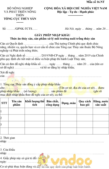 Mẫu số 16.NT: Giấy phép nhập khẩu thức ăn thủy sản