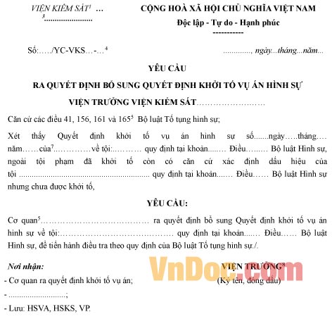 Mẫu yêu cầu ra quyết định bổ sung quyết định khởi tố vụ án hình sự