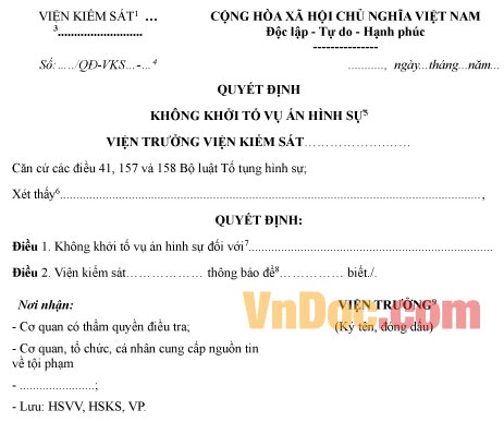 Mẫu quyết định không khởi tố vụ án hình sự