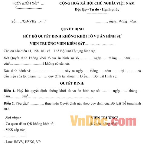 Mẫu quyết định hủy bỏ quyết định không khởi tố vụ án hình sự