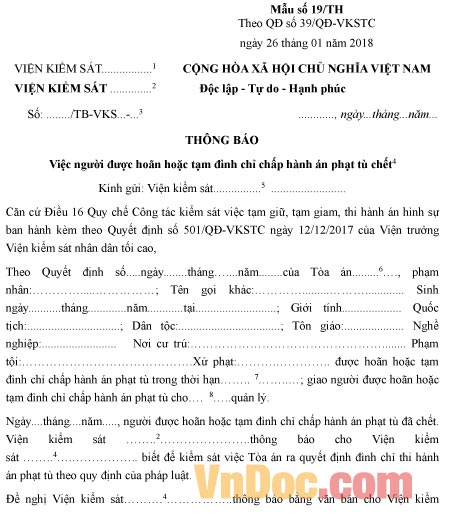 Mẫu thông báo việc người được hoãn hoặc tạm đình chỉ chấp hành án phạt tù chết