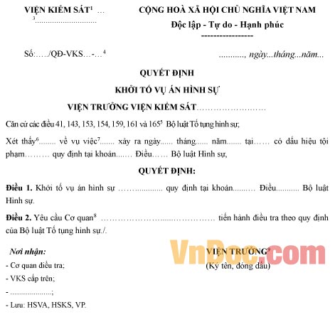 Mẫu quyết định khởi tố vụ án hình sự