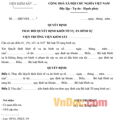 Mẫu quyết định thay đổi quyết định khởi tố vụ án hình sự