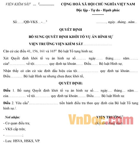 Mẫu quyết định bổ sung quyết định khởi tố vụ án hình sự