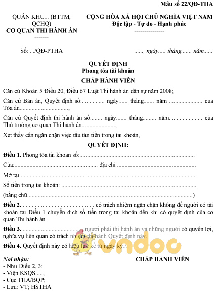 Mẫu số 22/QĐ-THA: Quyết định phong tỏa tài khoản