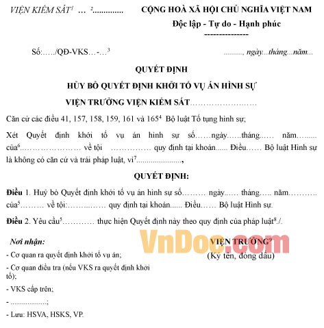 Mẫu quyết định hủy bỏ quyết định khởi tố vụ án hình sự