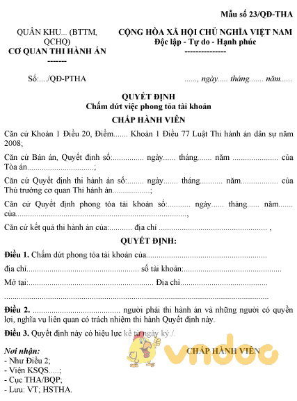 Mẫu số 23/QĐ-THA: Quyết định chấm dứt việc phong tỏa tài khoản
