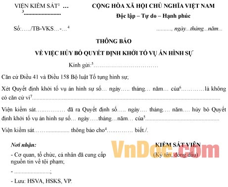 Mẫu thông báo hủy bỏ quyết định khởi tố vụ án hình sự