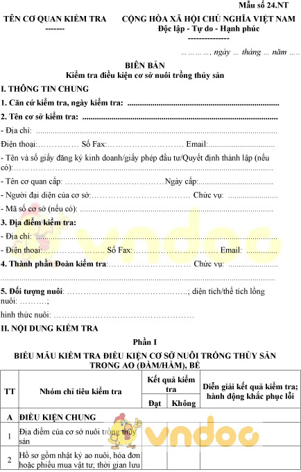 Mẫu số 24.NT: Biên bản kiểm tra điều kiện cơ sở nuôi trồng thủy sản