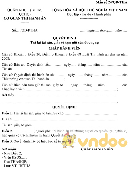 Mẫu số 24/QĐ-THA: Quyết định trả lại tài sản, giấy tờ tạm giữ của đương sự